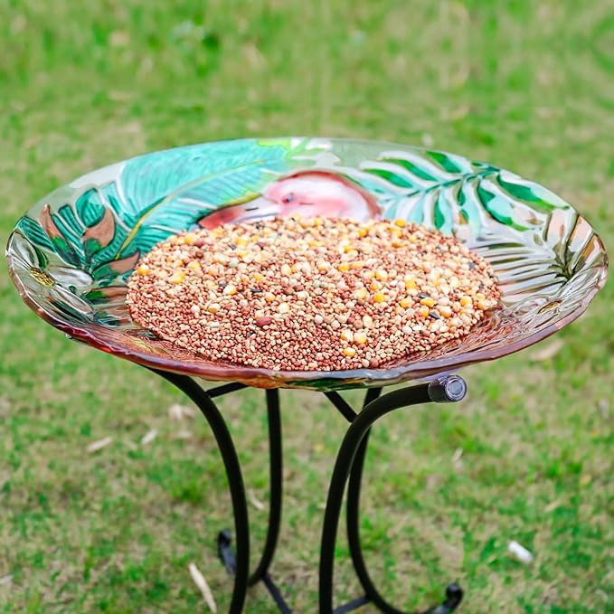 VCUTEKA 18" Outdoor Glass Birdbath with Sturdy Metal Stand for Lawn, Yard, or Garden Decor Bird Lovers Gift, Flamingo Bird Bath Detachable, 22" Height