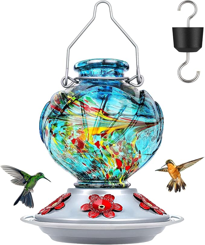 BOLITE Hummingbird Feeder, Hand Blown Glass Hummingbird Feeders for Outdoors Hanging, with Ant Moat and 5 Feeding Ports, 22 Ounces, Peony Flower Shape, Blue, Gifts for Women Men, Gifts for Mom Dad