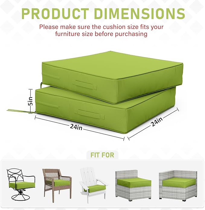 Patio Chair Cushions 24 X 24 X 5 Inch Waterproof Outdoor Seat Cushions for Patio Furniture, Outdoor Sofa Couch Pads with Ties & Handle, Set of 2, Grass Green