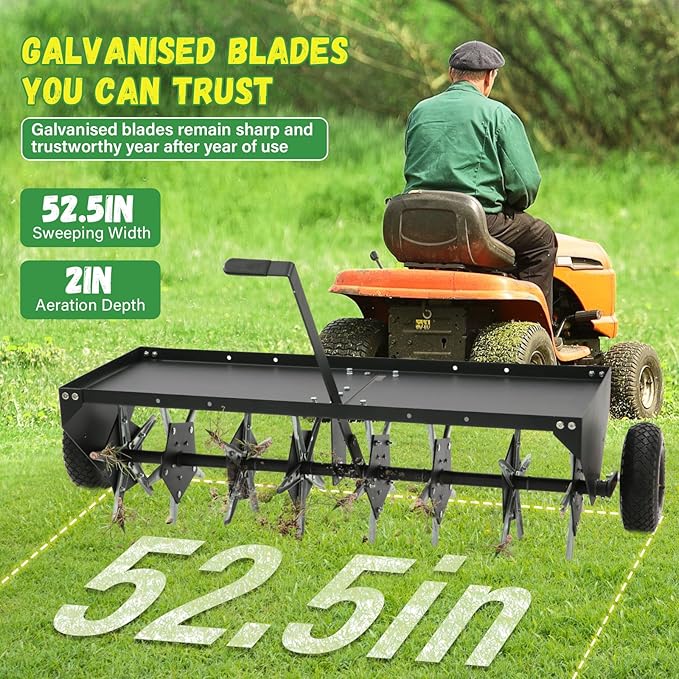 Doniks 52-Inch Tow Behind Lawn Plug Aerator with Universal Hitch, Lawn Aerator Tow Behind with 40 Galvanised Steel Tines,Tray and Inflatable Wheels for Gardens, Lawns, Farms