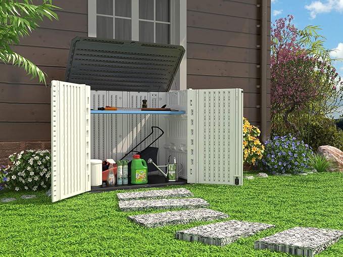 HOMSPARK Storage Shed Weather Resistance, Multi-Purpose Outdoor Storage Cabinet for Backyards and Patios, 26 Cu.ft Capacity Horizontal Storage Shed for Bike, Lawnmower, Trash Cans, Patio Accessories