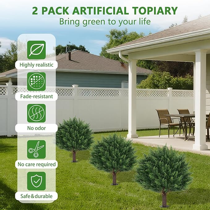 Artificial Set of 2 Cedar Topiary Ball Trees 16" for Outdoors with Ground Spike, UV Resistant Faux Cypress Plants, Evergreen Shrubs Bushes for Front Porch Garden Backyard Decor