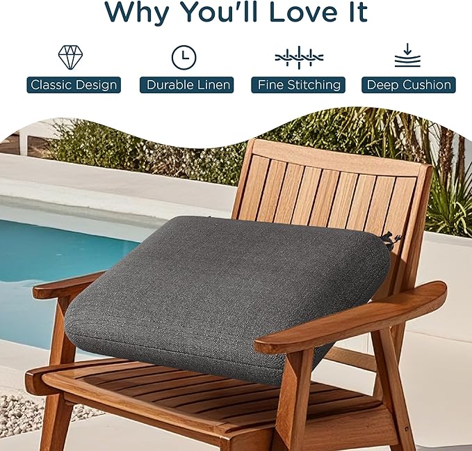 Codi Outdoor Cushions for Patio Furniture 24x24 Inch, Waterproof Chair Seat Cushion with Textured Fabric, Handles & Adjustable Straps, Fade Resistant - Set of 2, Grey