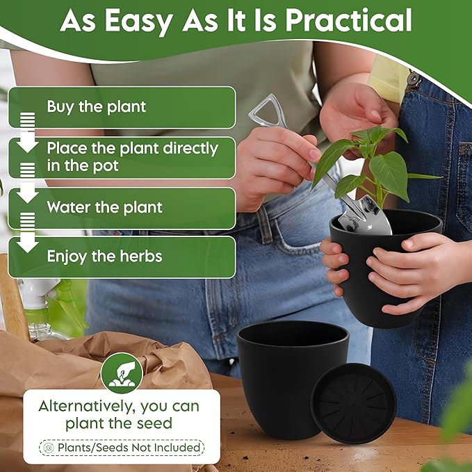 Indoor Garden Kit - Plant Pots with Drainage, Watering Can & Tools - Ideal Windowsill Planter Set - Modern Home & Kitchen Decor Gift - Black