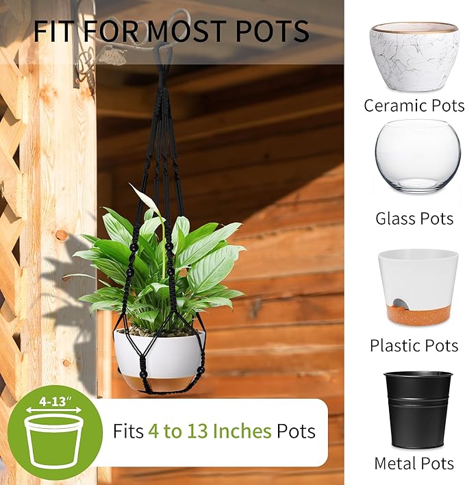 35 Inch Macrame Plant Hanger - Fits 4-13 Inch Pots, Supports Up to 22lbs, Sturdy Hanging Planter Holder for Indoor Outdoor, Boho Home Decor, 2 Pack, Black (POTS NOT Included)