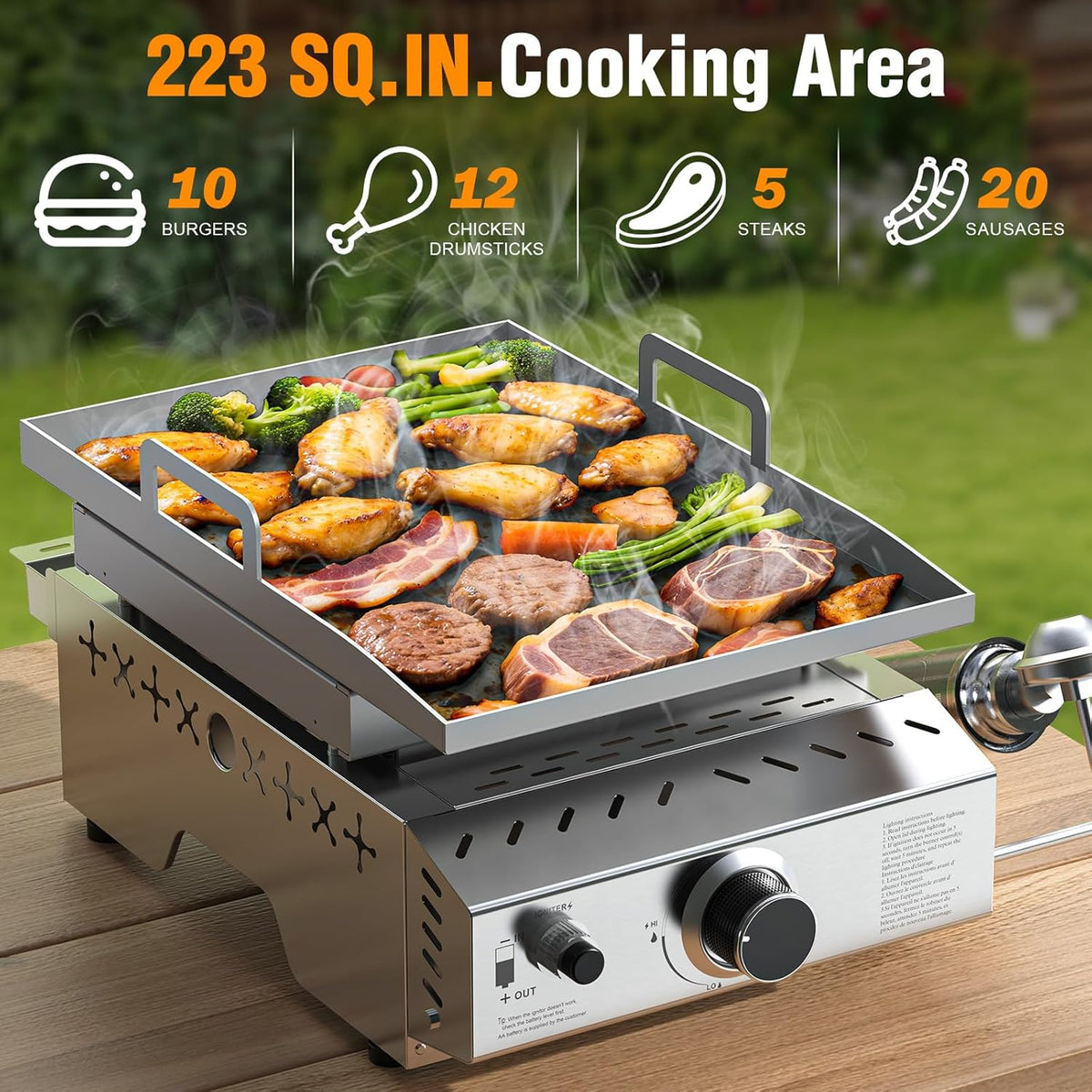 Stainless Steel Tabletop Grill,18 Inch Portable Propane Grill Griddle with Handle,8000 BTU Flat Top Grill for Camping, Outdoor & Tailgating Barbecue