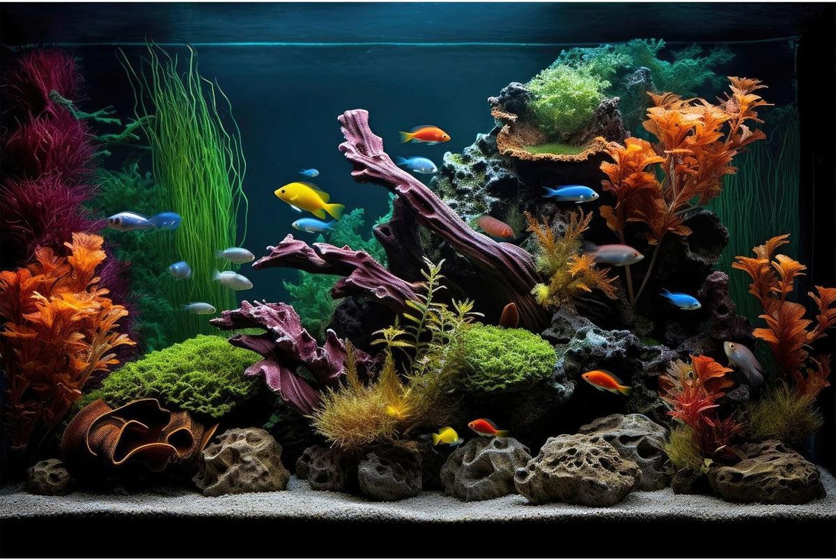 Aquarium Background Lush Aquatic Colorful Plants Terrarium Background Redwood Root Coral Reef Jungle Style Fish Tank Background Amazing Underwater View Aquarium Backdrop Wallpaper Poster Vinyl 24x16in