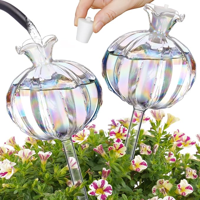 NiHome Large Plant Watering Globes 2-Pack, Iridescent Glass Cactus Self Watering Globe, Glass Waterer for Potted Plants - 4.7OZ/140 ML Capacity Automatic Irrigation System, Adorable Gardening Gift