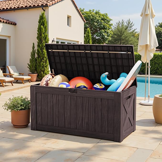 Greesum 120 Gallon Outdoor Storage Box with Lock - Large Resin Deck Box, Reinforced Lid for Garden, Patio, Lawn, Brown