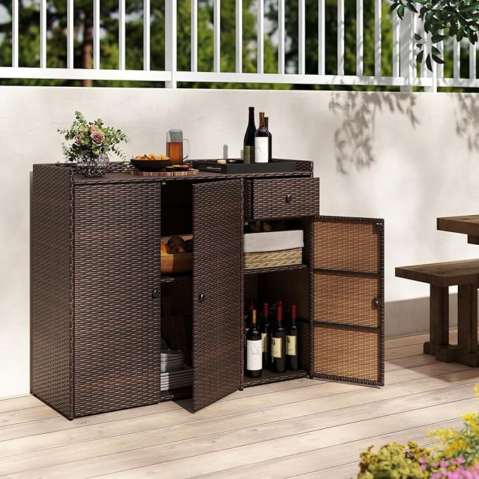 Tangkula Rattan Outdoor Storage Cabinet, Patiojoy Outdoor Cabinet with 4 Adjustable Shelves, 1 Drawer, 3 Doors, Patio Storage Deck Box Table for Patio Garden Poolside (Mix Brown)