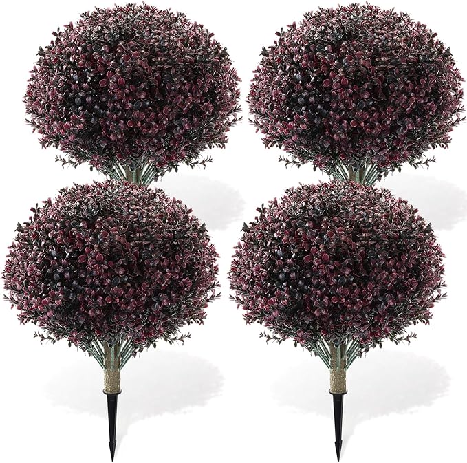 Yunlly 4 Pack 18" Artificial Boxwood Ball Bush Topiary Trees Fake Outdoor Plants, Realistic UV Resistance Faux Shrubs with Spike Greenery Topiary for Front Porch Garden Yard Patio Indoor (Dark Purple)