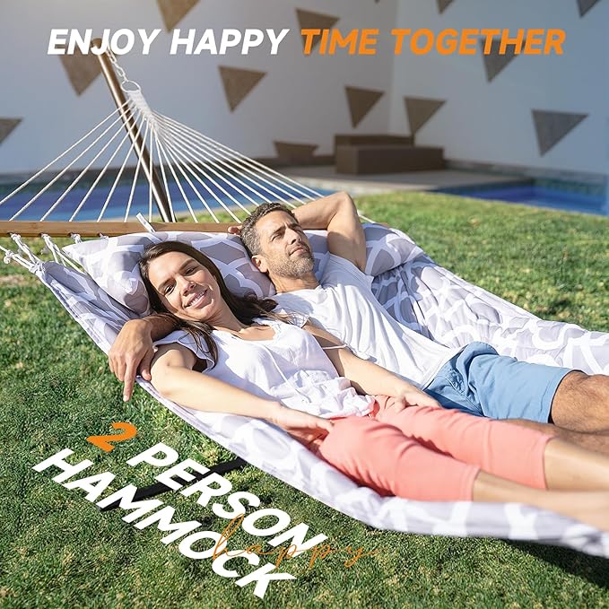 2 Person Outdoor Hammock with Stand, Cotton Rope Hammock with Polyester Pad, Adjustable Steel Frame, Portable with Carrying Bag – for Patio, Backyard, Garden, Beach, White-Gray