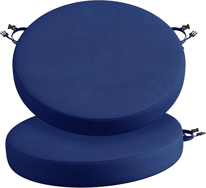 Codi Round Outdoor Chair Cushions 15 Inch, Patio Bistro Cushion Set of 2, Waterproof with Adjustable Straps, Navy 15x15''