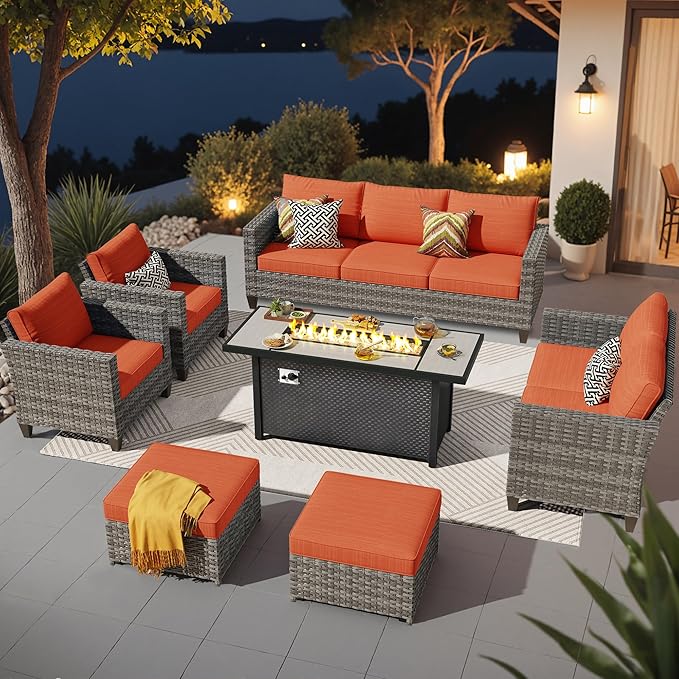 ovios 7 Pieces Patio Furniture Set with 54" Fire Pit Table, Outdoor Wicker Sofa with Comfy Cushions, All Weather High Back Rattan Couch Conversation Set, Orange Red