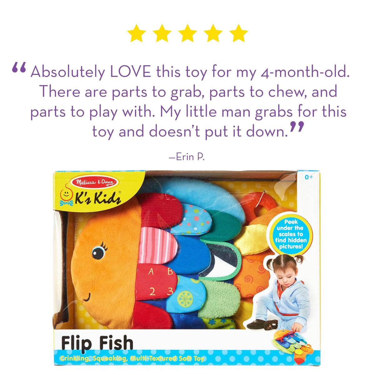 Melissa & Doug K’s Kids, Flip Fish Stuffed Animal, Soft Baby Book, Multi-Textured Squeaking & Crinkling Infant Sensory Toys for Babies with Baby Mirror, Tummy Time Toys for Infants Ages 0–9 Months