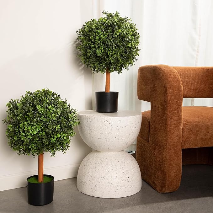Premium 14" Diameter Artificial Boxwood Topiary – Set of 2 Faux Plants in Black Decorative Planters – UV-Resistant, Weatherproof, Realistic Outdoor & Indoor Greenery Accent