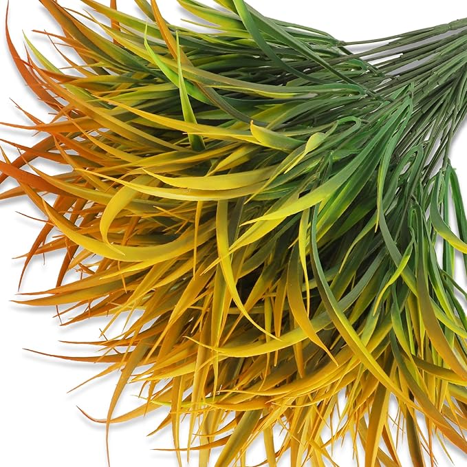 Ouddy Decor 16 Bundles Artificial Fall Plants Outdoor Fake Grass Stems UV Resistant Faux Plastic Plants Shrubs for Autumn Home Garden Pathway Farmhouse Front Porch Harvest Thanksgiving Decor, Orange