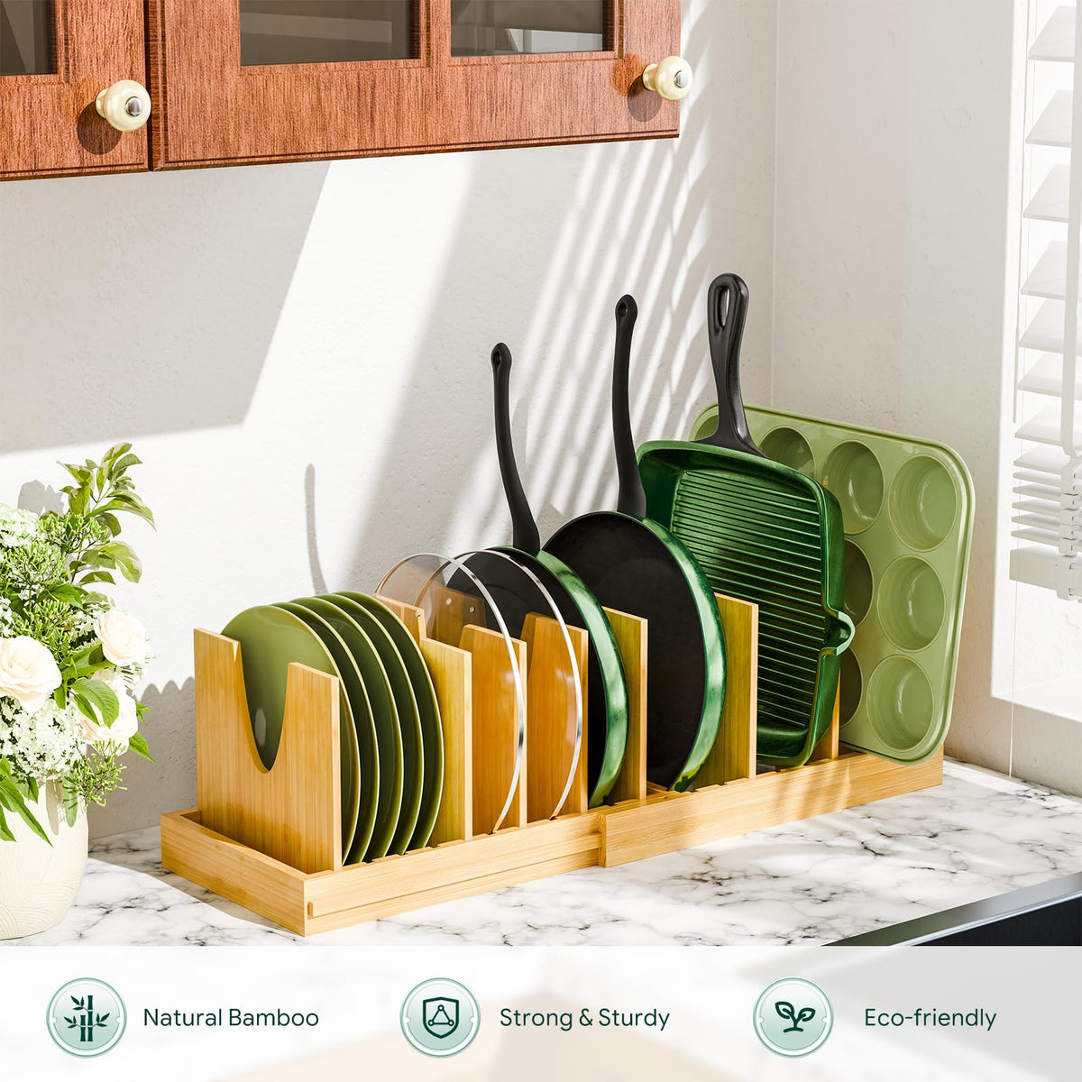 Simple Trending Bamboo Pot and Pan Organizer, Expandable Lid Holder Rack