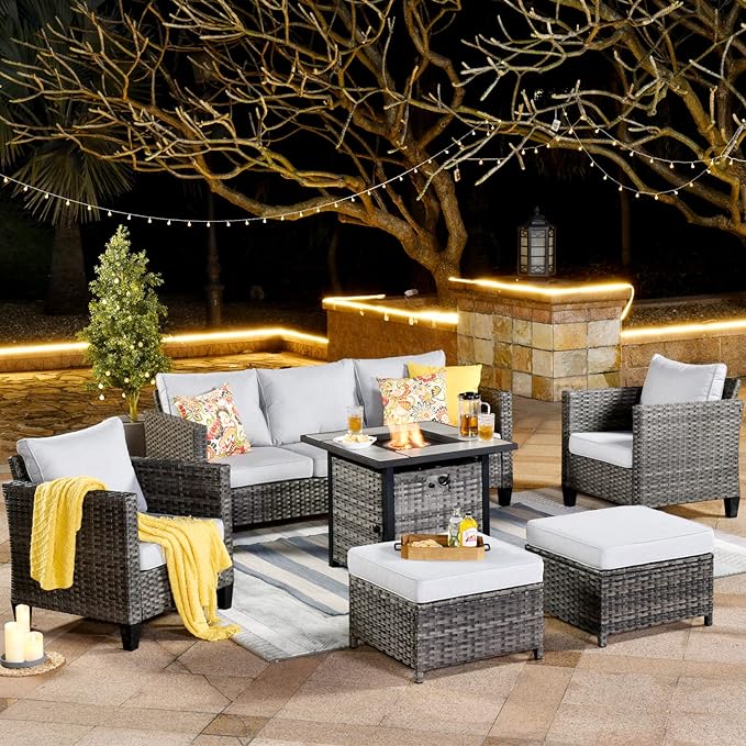 ovios 6 Pieces Patio Furniture Set with 30" Fire Pit Table, Outdoor Wicker Sofa with Comfy Cushions, All Weather High Back Rattan Couch Conversation Set, Grey
