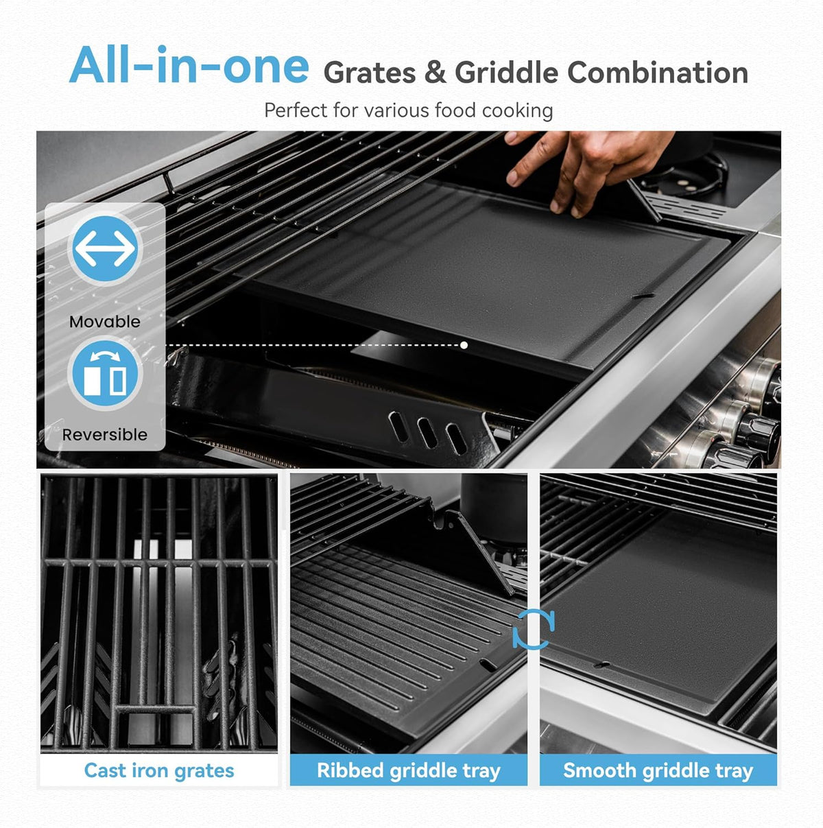 2 in 1 Propane Griddle Grill Combo, 6-Burner Propane Gas BBQ Combo Grill with Porcelain-Enameled Cast Iron Grates & Plate, 42,000 BTU with Side Stove for Outdoor Cooking Camping Patio Backyard
