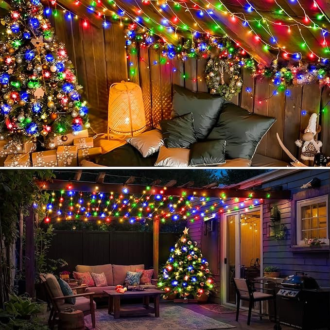 KNONEW Christmas String Lights Indoor Plug in,60FT 180LED Outdoor Waterproof Fairy Lights,8 Lighting Modes,Timer Memory Function for Bedroom Patio Balcony Party (Multicolor)