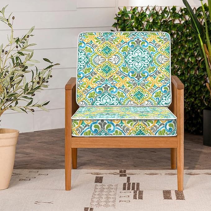 LVTXIII Patio Chair Cushions 22"x22"x3", Water-Repellent Outdoor Seat Cushions for Patio Furniture, Square Chair Pads with Ties for Home Garden Decoration, Set of 2, Damask Green