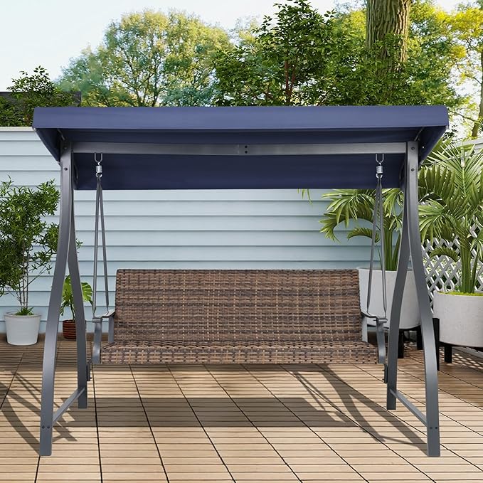 BPS 3 Seat Outdoor Porch Swing with Adjustable Canopy, PE Wicker Patio Swing Chair with Quick-Drying Foam Seat, 882 LBS Capacity, Proch Swings for Deck, Backyard, and Lawn, Dark Blue