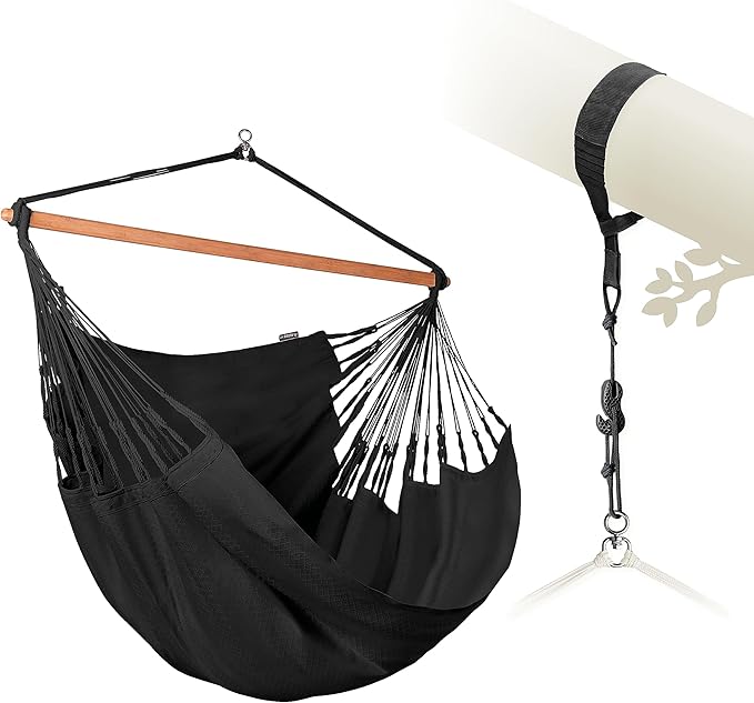 LA SIESTA® XL King Habana Cotton Hammock Chair Swing & Tree Mount Kit - Hammock Swing Chair w/Suspension Kit for Trees Beams & Posts - Indoor Outdoor Hanging Chair for Bedroom Patio - Onyx
