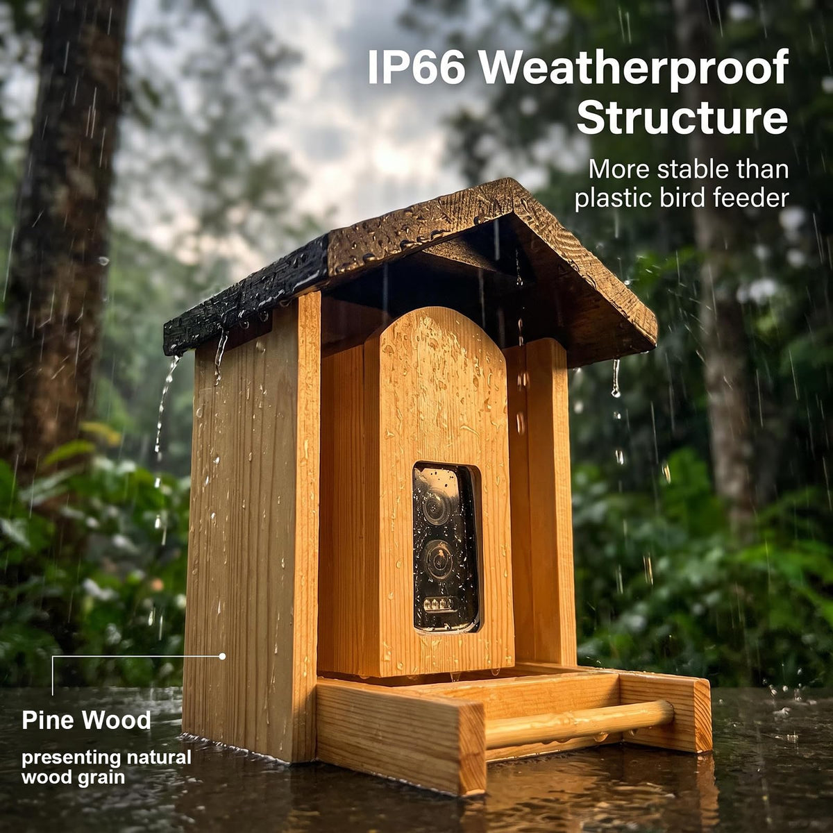 Smart Wooden Bird Feeder with 2.5k Ultra-Wide-Angle AI Camera Solar Powered