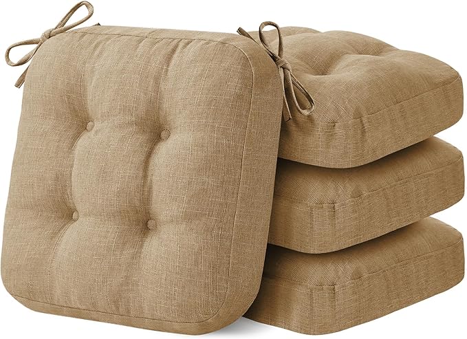 Chair Cushions for Dining Chairs, Dining Chair Cushions, Tufted Indoor Chair Pads with Ties & Non Slip Backing, Seat Cushions for Kitchen Chairs 16.5” x 16.5” x 3.5”, Set of 4, Khaki