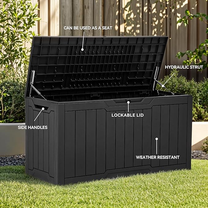YITAHOME 80 Gallon Outdoor Storage Box, Large Water Resistant Resin Deck Box, Indoor Outdoor Lockable Storage Container for Patio, Garden, Cushions, Tools, Equipment (Black)