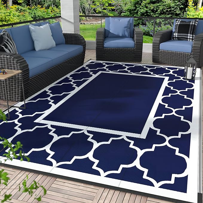 GENIMO 9' x 12' Outdoor Rug Waterproof for Patio Decor, Foldable Reversible Plastic Straw Area Rugs Mat for Camper, Outside Carpet for Rv, Deck, Porch, Picnic, Beach, Balcony, Blue & White