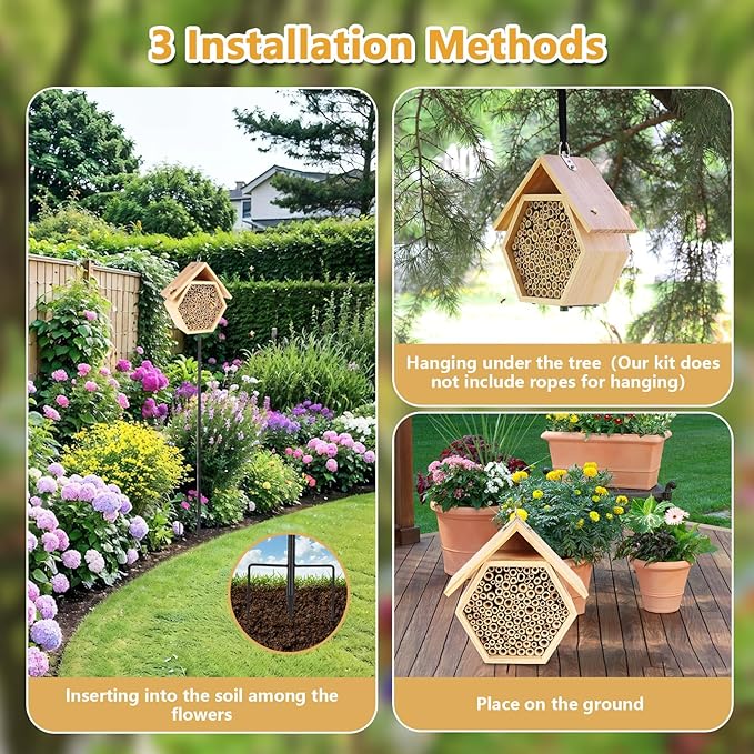 Mason Bee House for Garden, Natural Wooden Bee Habitat with Metal Ground Stake, Attracts Pollinators, Improve Garden Productivity, Outdoor Decoration