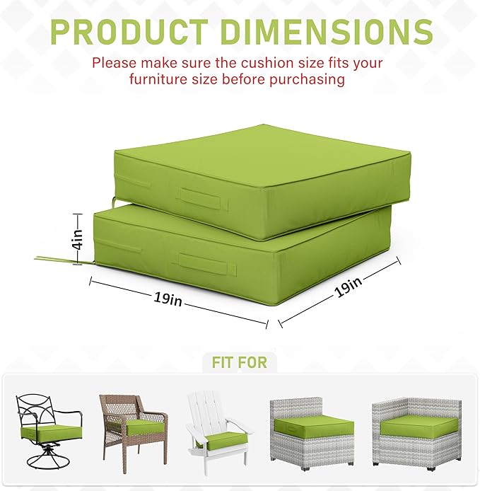 Patio Chair Cushions 19 X 19 X 4 Inch Waterproof Outdoor Seat Cushions for Patio Furniture, Outdoor Sofa Couch Pads with Ties & Handle, Set of 2, Grass Green