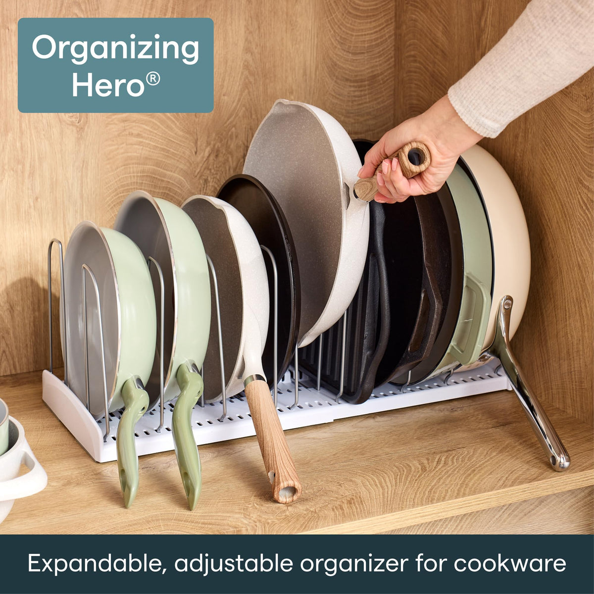 YouCopia StoreMore Expandable Cookware Rack with Tall Steel Wires, 12.5"-21.5" Wide Adjustable Pan Organizer for Kitchen Cabinet Storage, Premium Edition