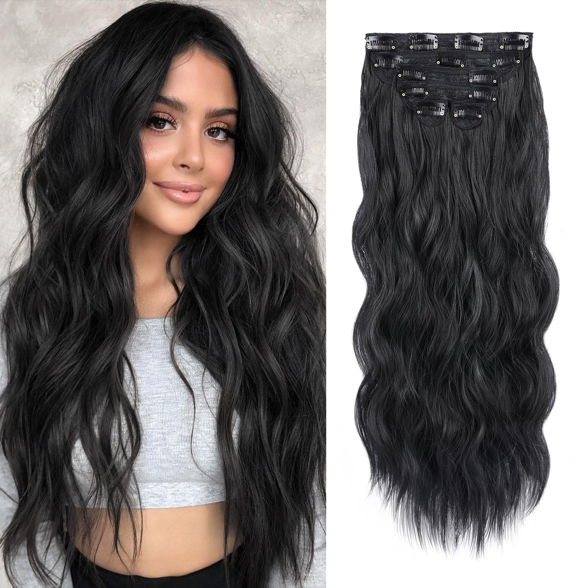 Wecan Clip In Natural Black Hair Extensions 20 Inch 6Pcs Thick Curly Clip In Hair Extensions Synthetic Double Weft Wavy Hairpiec