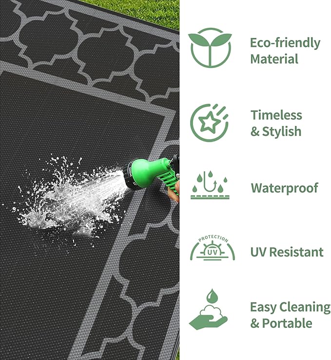 GENIMO 10 ' x 14 ' Outdoor Rug Waterproof for Patio Decor, Foldable Reversible Plastic Straw Area Rugs Mat for Camper, Outside Carpet for Rv, Deck, Porch, Picnic, Beach, Balcony, Black & Grey