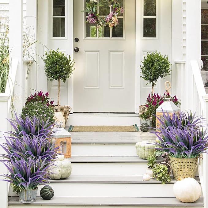 16Pcs Artificial Grass Fake Plants 17.3in Outdoor Plants UV Resistant Faux Greenery Stems Fake Grass for Home Window Garden Office Patio Pathway Front Porch Halloween Décor Green & Purple