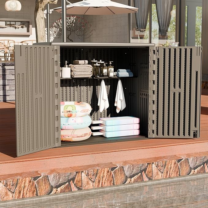 HOMSPARK 37 Cu.Ft Outdoor Storage Shed Weather Resistant, Multi Functional | Double-Wall Resin Storage Sheds & Outdoor Storage Box Waterproof for Backyard Garden Patio Lawn (Shallow Coffee)