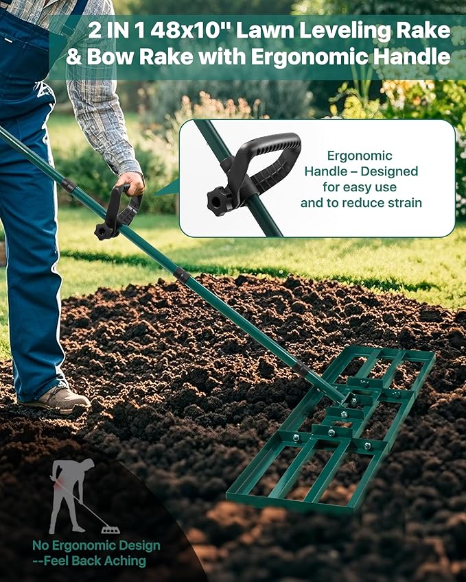 Lawn Leveling Rake 48x10'', Yard Leveling Rake with 78'' Back-Saving Adjustable Handle, Stainless Steel Lawn Leveler Tool with 17'' Tines Head for Garden, Backyard, Farm, Golf Course