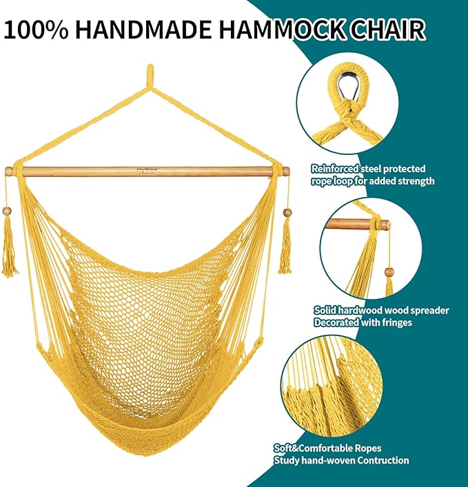 JoyView Hammock Chair with Spreader Bar Caribbean Hammock Swing Chair 300 LBS Weight Capacity XL Rope Hanging Chair for Outdoor Indoor Garden Yard - Yellow