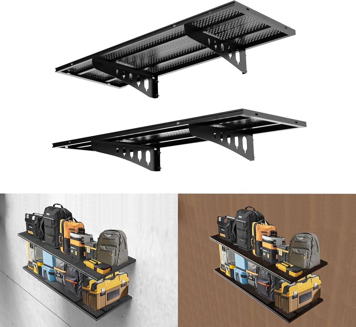 New 2 Pack Garage Wall Shelving, Heavy Duty 1.5' x 3.8' Wall Mount Storage Shelf with Hooks, Garage Storage Rack Floating Shelves, Holds 250 lbs Each