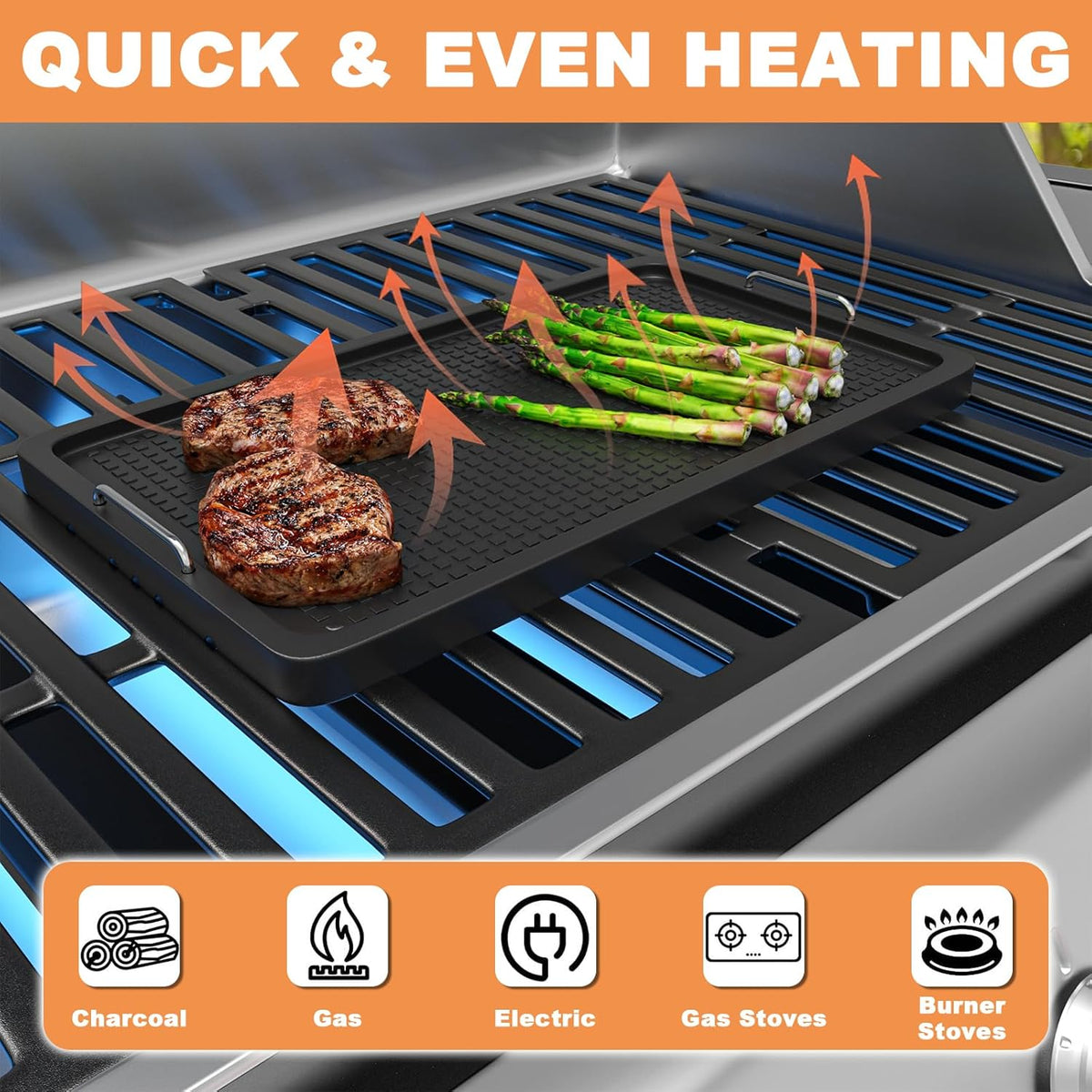 Cast Iron Griddle for Gas Grill Universal, 15" x 8.7" Griddle Pan for Stove Top with Handle, Grill Griddle, Stove Top Griddle for Charcoal/Gas/Electric Grills, Cast Iron Grill Pan for Outdoor/Camping