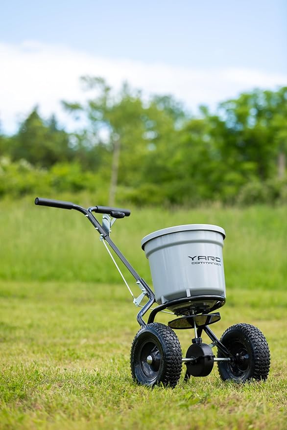 Yard Commander - Commercial 50 LB Walk-Behind Push Broadcast Spreader - 10-12 Foot Spread - Fertilizer, Salt & Grass Seed - Clog Free Design - Fully Enclosed Gear Box - Adjustable Drop Rate
