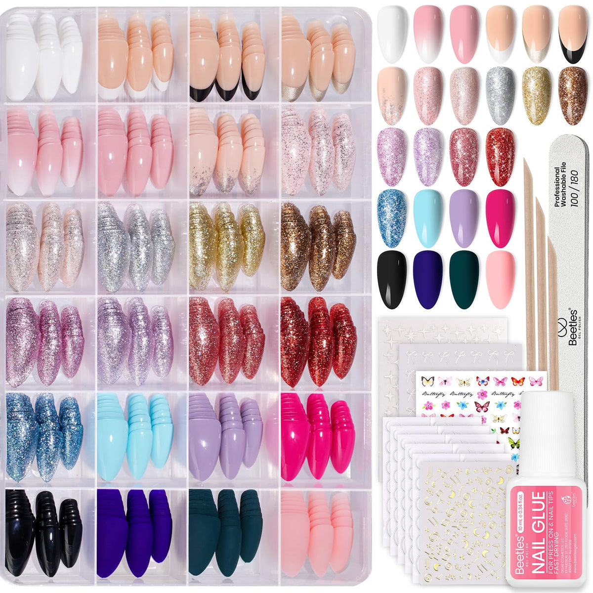 Beetles Press on Nails Kit- 720 Pcs Short Almond 24 Colors