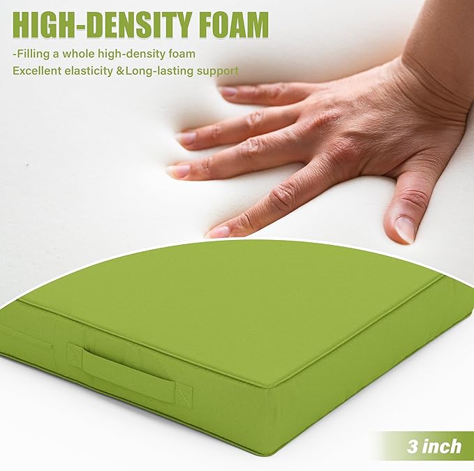 Patio Chair Cushions 17 X 16 X 3 Inch Waterproof Outdoor Seat Cushions for Patio Furniture, Outdoor Sofa Couch Pads with Ties & Handle, Set of 2, Grass Green