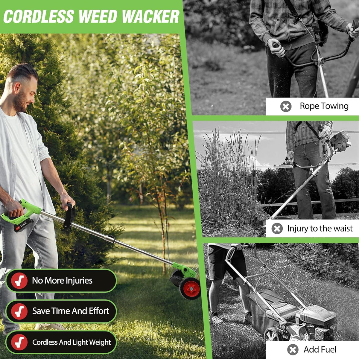 ALSO GO 21V Electric Weed Wacker, Weed Trimmer, Battery Powered Grass Trimmer with 2pcs Batteries, 3 in 1 Cordless Weed Eater with Wheels, Stringless Lightweight Grass Cutter for Lawn Garden Yard