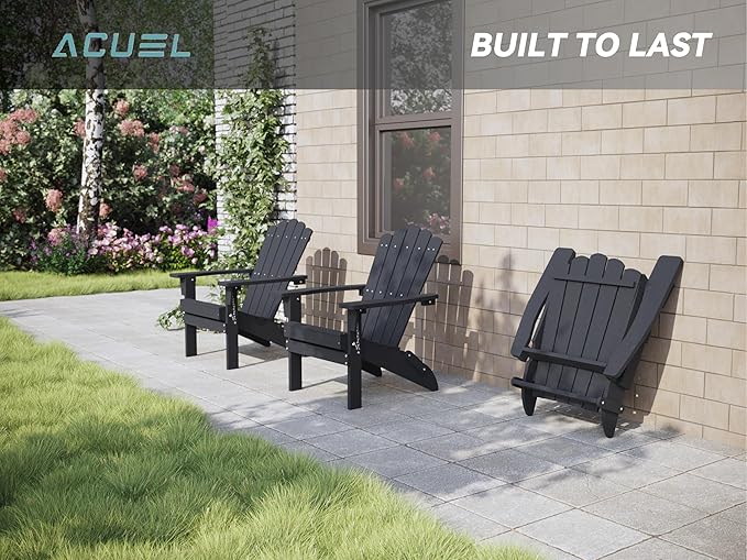 Folding HDPE Adirondack Chair, Weather-Resistant Patio Chair with Wide Armrests & High Backrest, Fire Pit Chair for Garden, Backyard, Porch - Black
