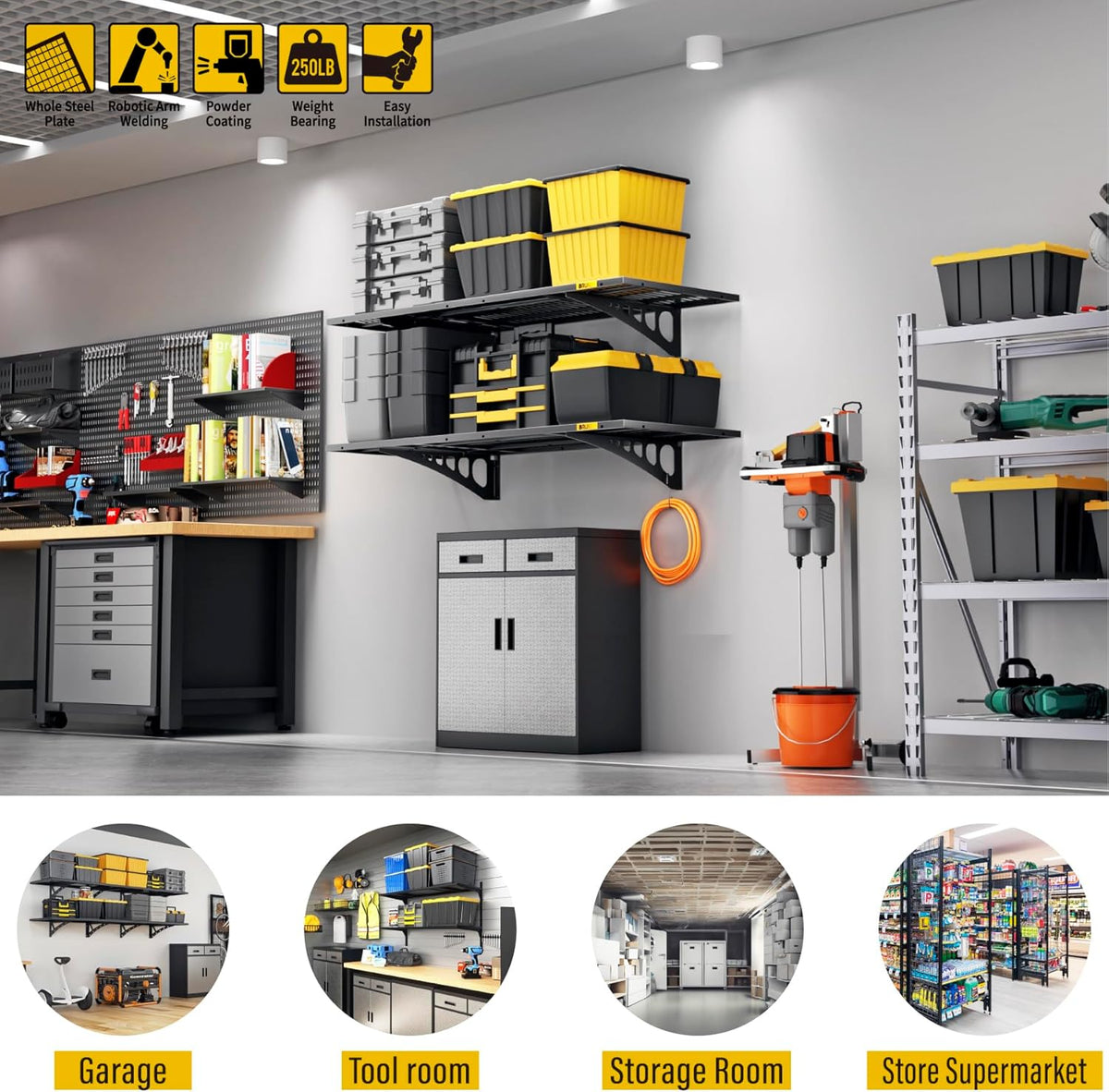 1.64x4ft Adjustable Rail Wall Garage Storage Shelf, for Tool Room, Storage Room, Store Supermarket Wall Storage Shelving Rack (2 Pack-Black)