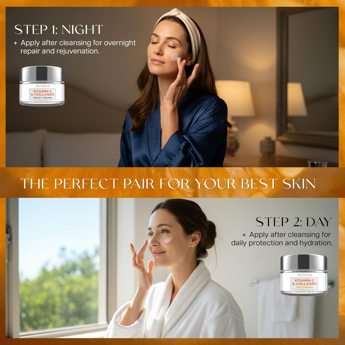 Skin 2.0 Vitamin C & Collagen Face Moisturizer – Anti Aging Day & Night Cream for Smooth & Radiant Skin, Firms & Restores Dull Complexion – Dermatologist Tested, Korean Skin Care Set, Vegan – Duo Pack